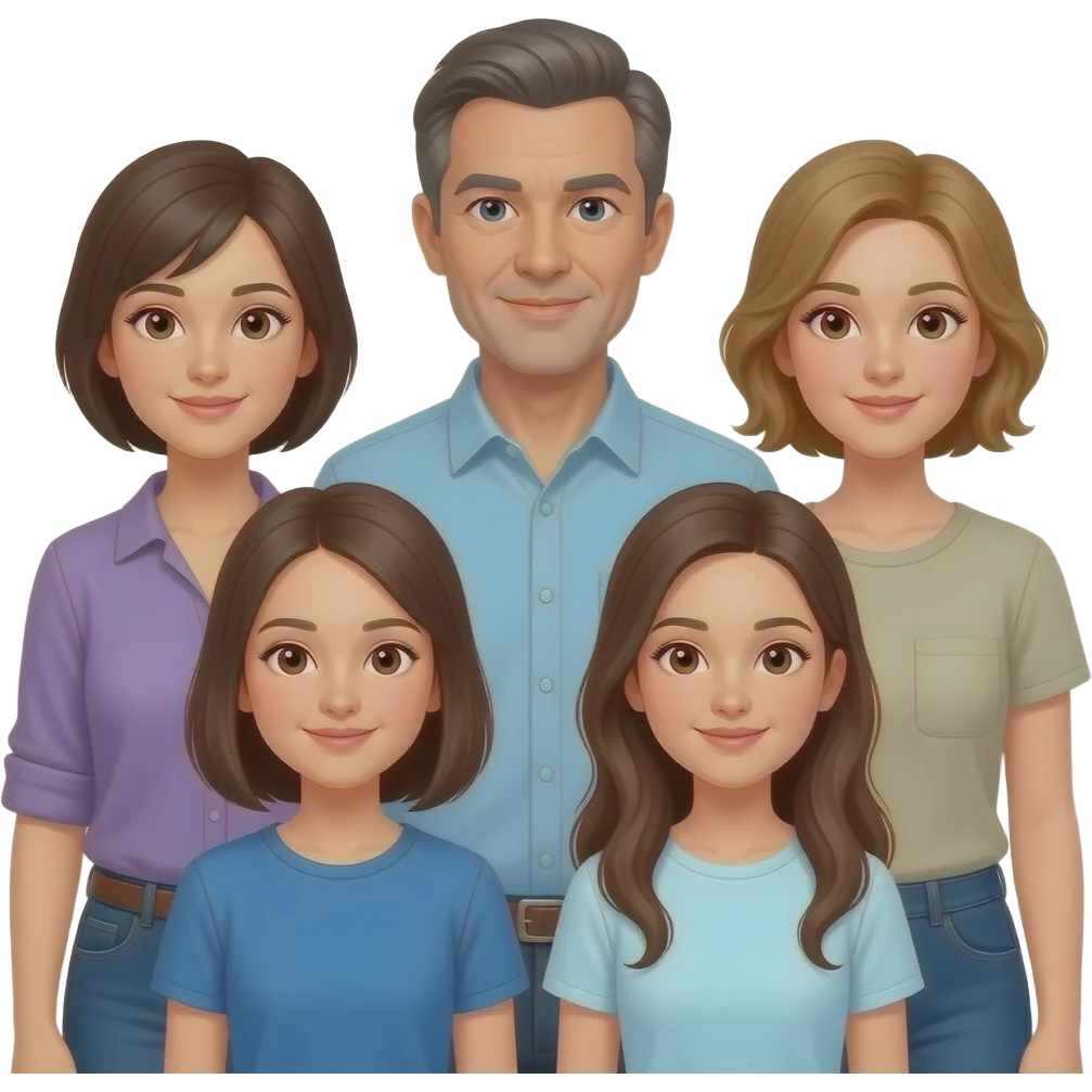 4 adultos y 2 niñas de 13 años y una de 18 años emoji