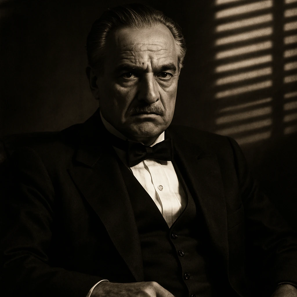 A stern older Italian mafia boss in a black tuxedo, white shirt, and black bow tie, with slicked-back grey hair and a mustache, sitting in a dimly lit room. Dramatic shadows and blinds casting light stripes on the wall, 1940s mafia style, cinematic close-up. emoji