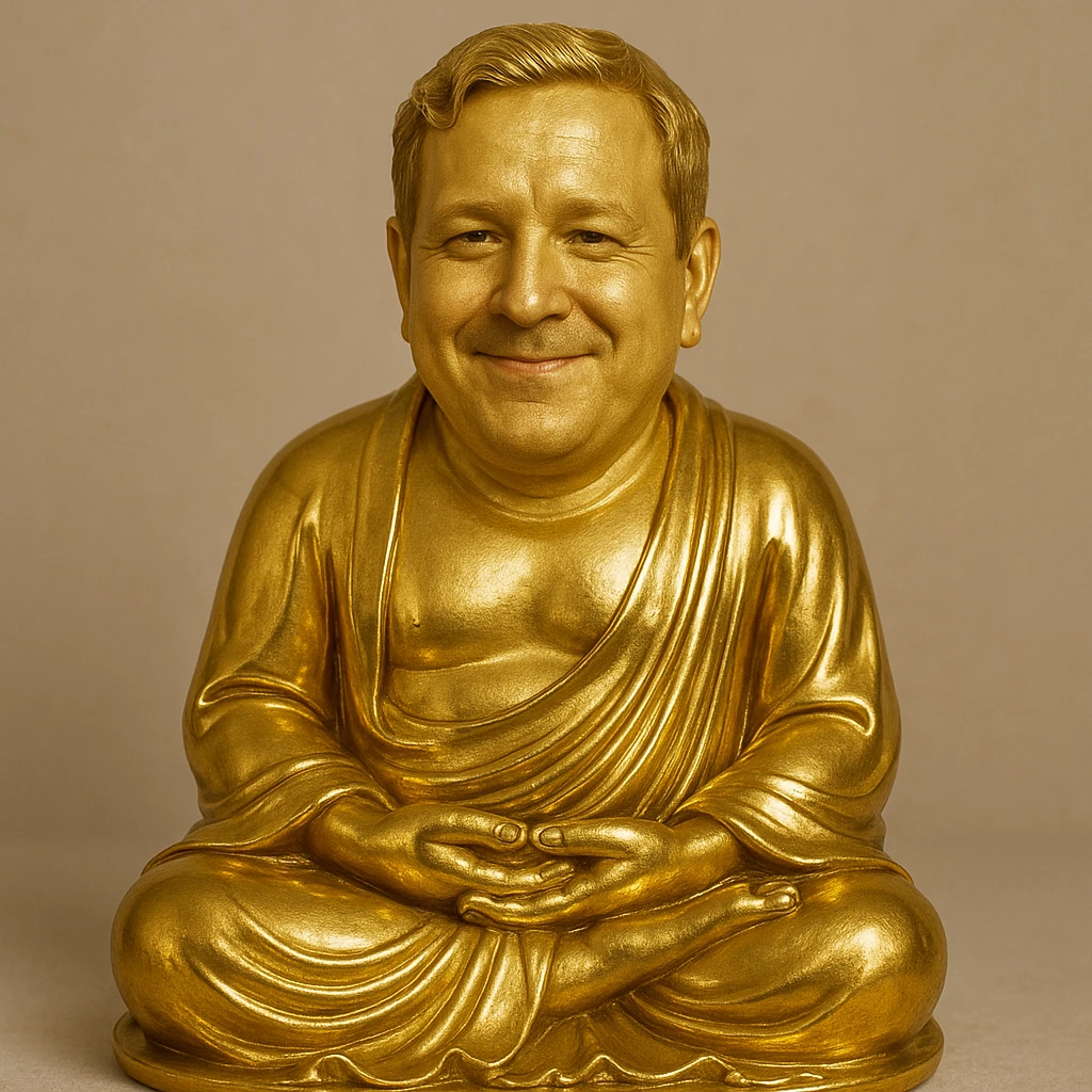 Сгенерируй мне такую же сувенирную статуэтку будды, только с лицом человека которого я прикрепил. Статуэтка должна быть полностью из такого же золота  emoji