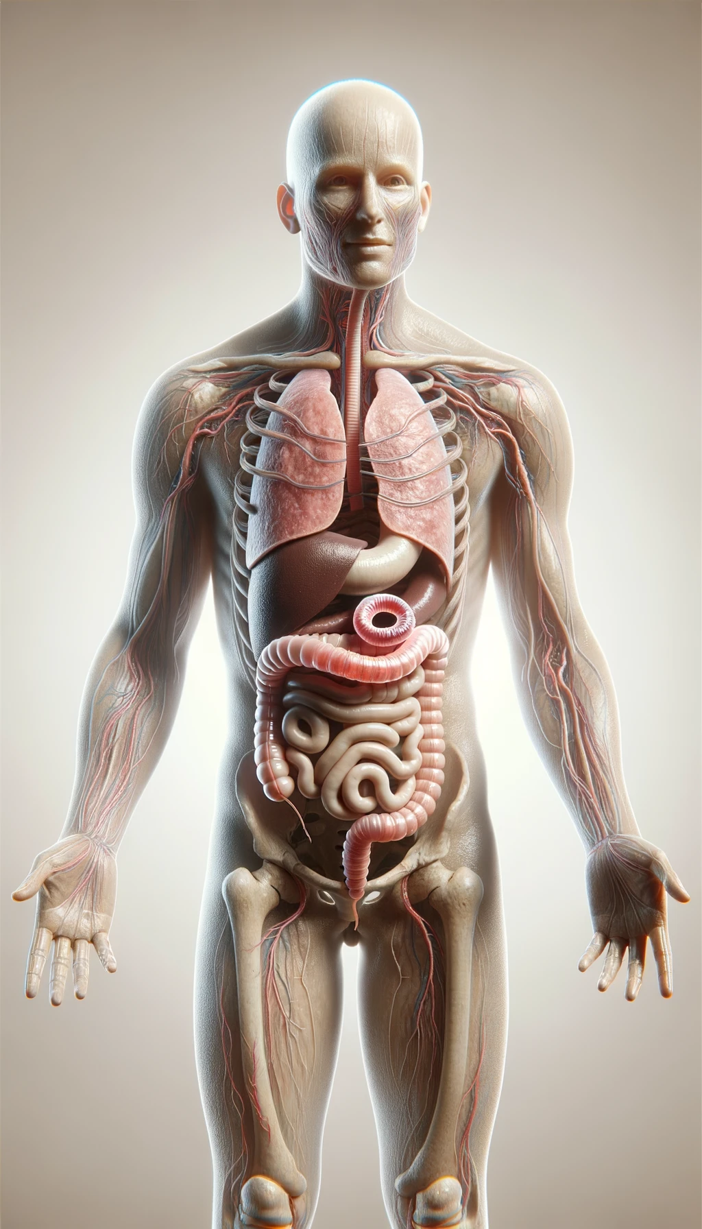 corpo umano anatomico con parassiti tipo la tenia nel corpo, intestino visibile, sfondo neutro chiaro emoji