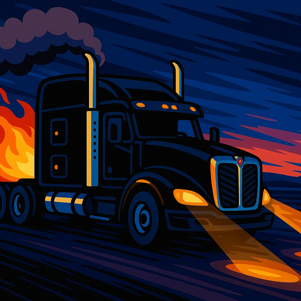 Add a lively cartoon fireball behind the black Kenworth T680 Flat Top semi sleeper driving at night, keeping the animated cartoon style and smoke from the stacks. emoji