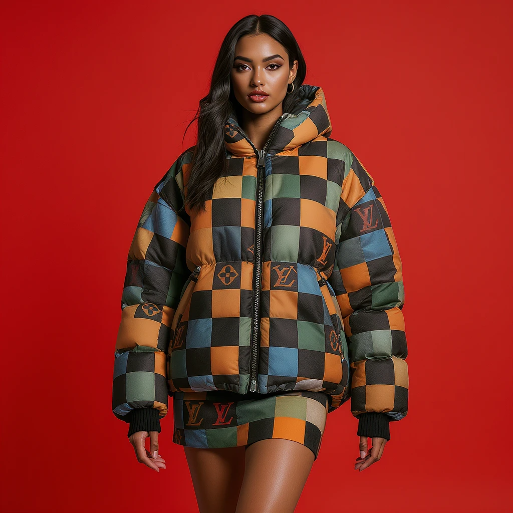 Photo of a woman dress in abstract (black orange green and blue) grid puffer Louis Vuitton jacket, red solid background, express body  emoji