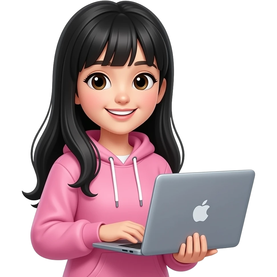 with bangs, smile, pink hoodie,super long black hair with laptop emoji