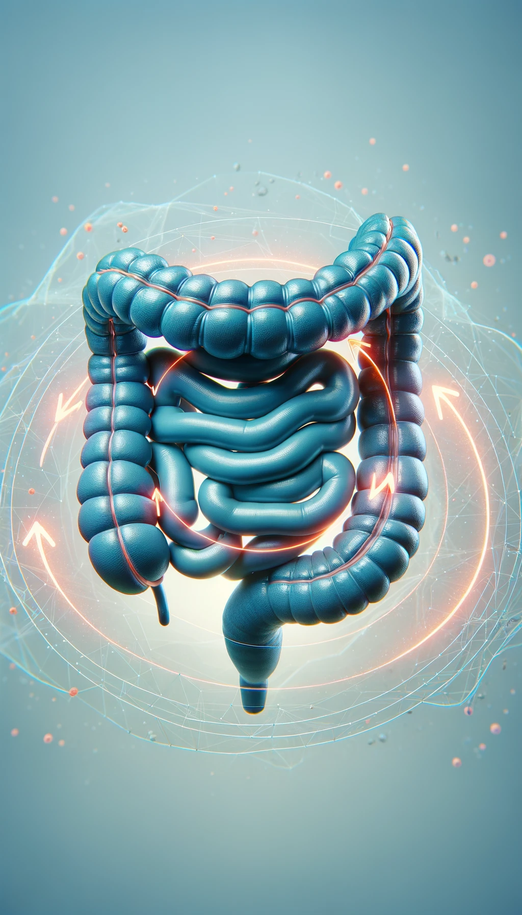 intestino umano anatomico con frecce 3d che gli girano intorno, sfondo chiaro, iperrealistico 4k emoji