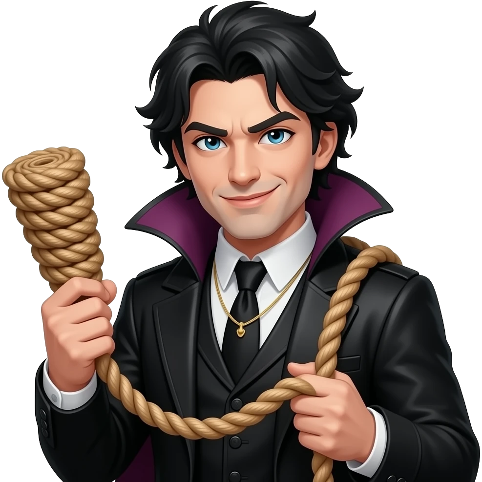 Dark haired man with mischievous face and gothic holding thick rolled uprope emoji