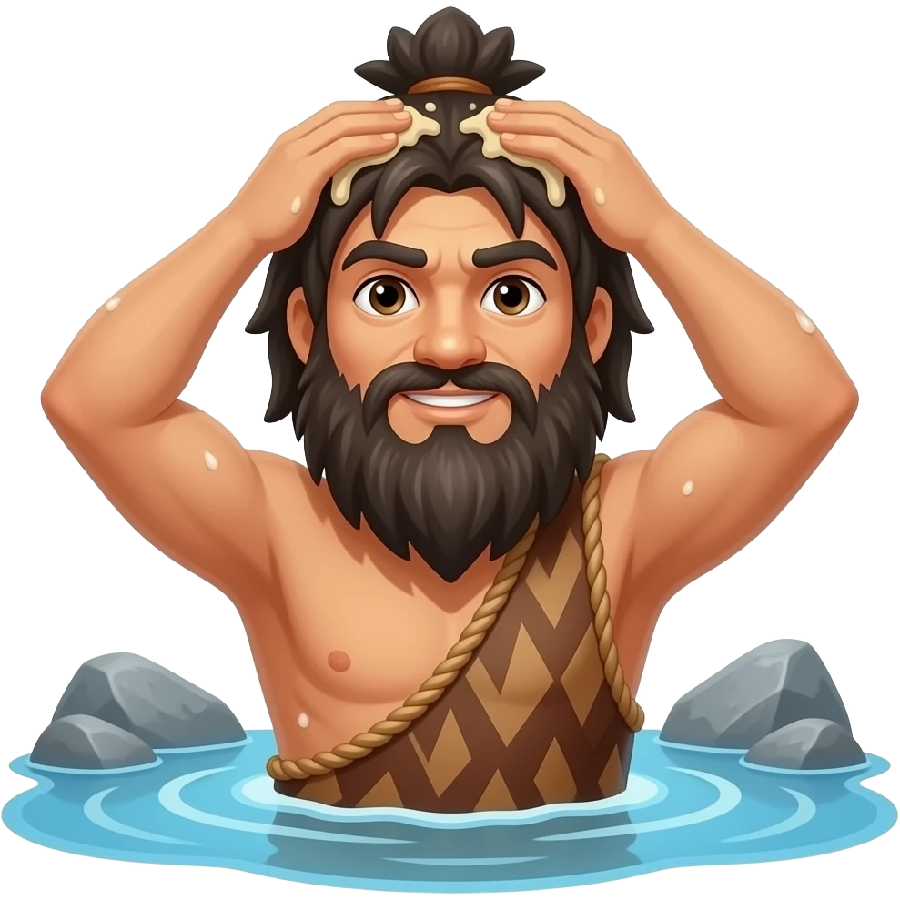 Caveman Bath in river and sand scrub the hair and body in the stone age bathroom emoji
