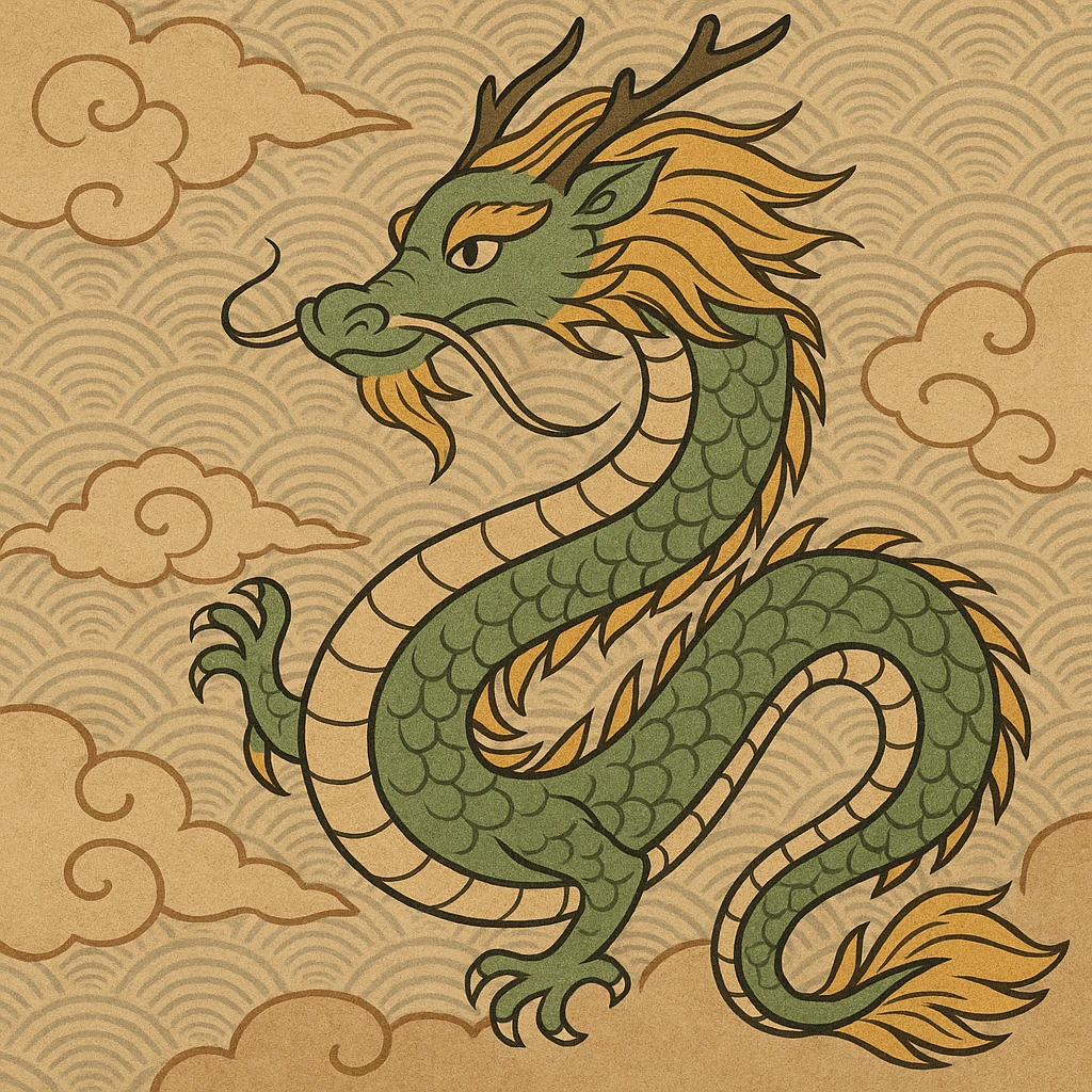 long-bodied dragon inspired by East Asian legends, elegant and mystical appearance, green and gold colors emoji