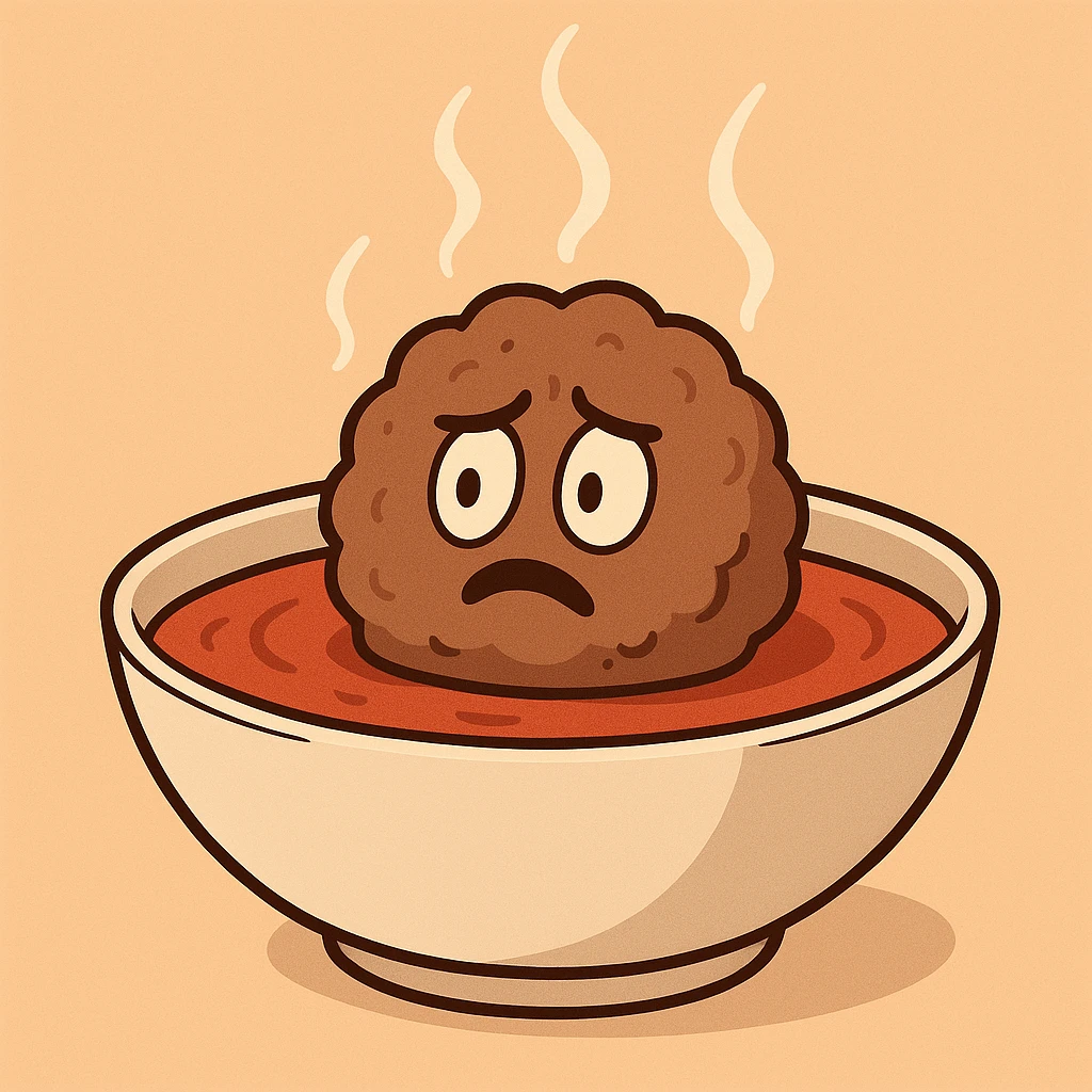 a meatball in a bowl of tomato sauce, steam rising, minimal style emoji
