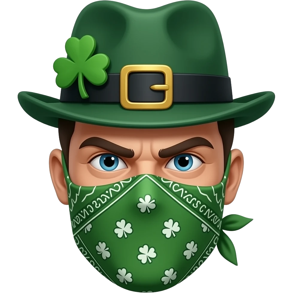 scary face of a hooligan wearing a hat with ☘️ on it and also he’s wearing a green bandana emoji