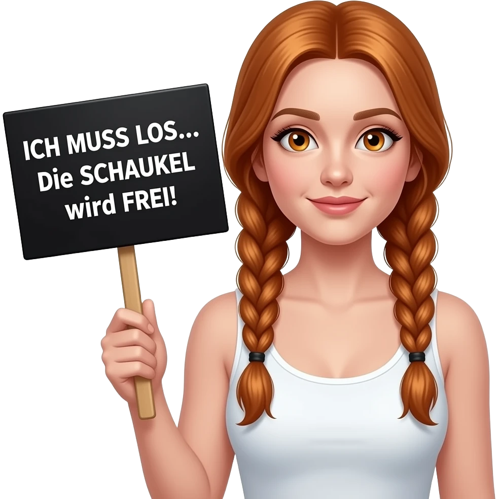 sexy girl with long ginger braids and ginger eyes wearing a white tanktop is holding a black sign with ICH MUSS LOS... die SCHAUKEL wird FREI! written on it emoji