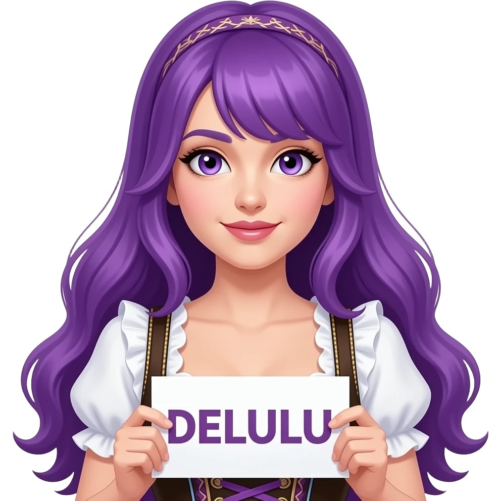 sexy girl with long purple hair and purple eyes wearing a dirndl holding a DELULU sign emoji