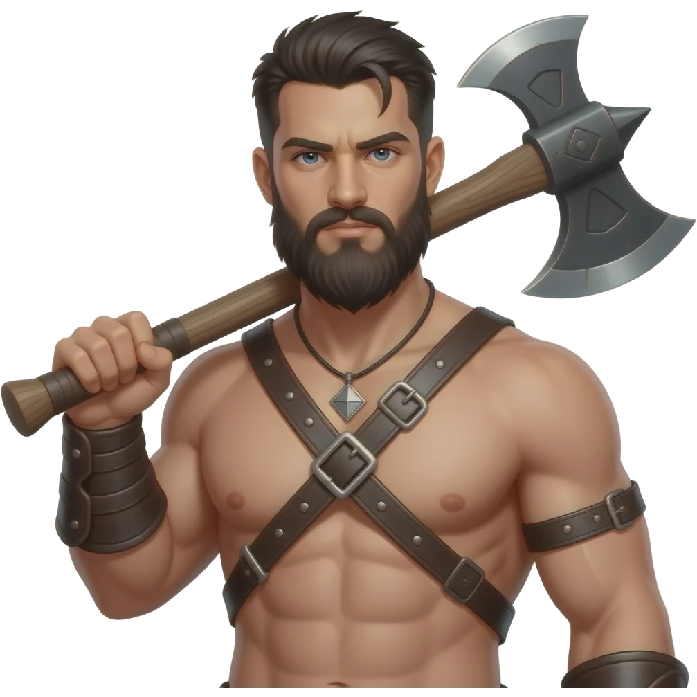 Sexy gothic strong bearded  man no shirt  leather straps with holding an axe emoji