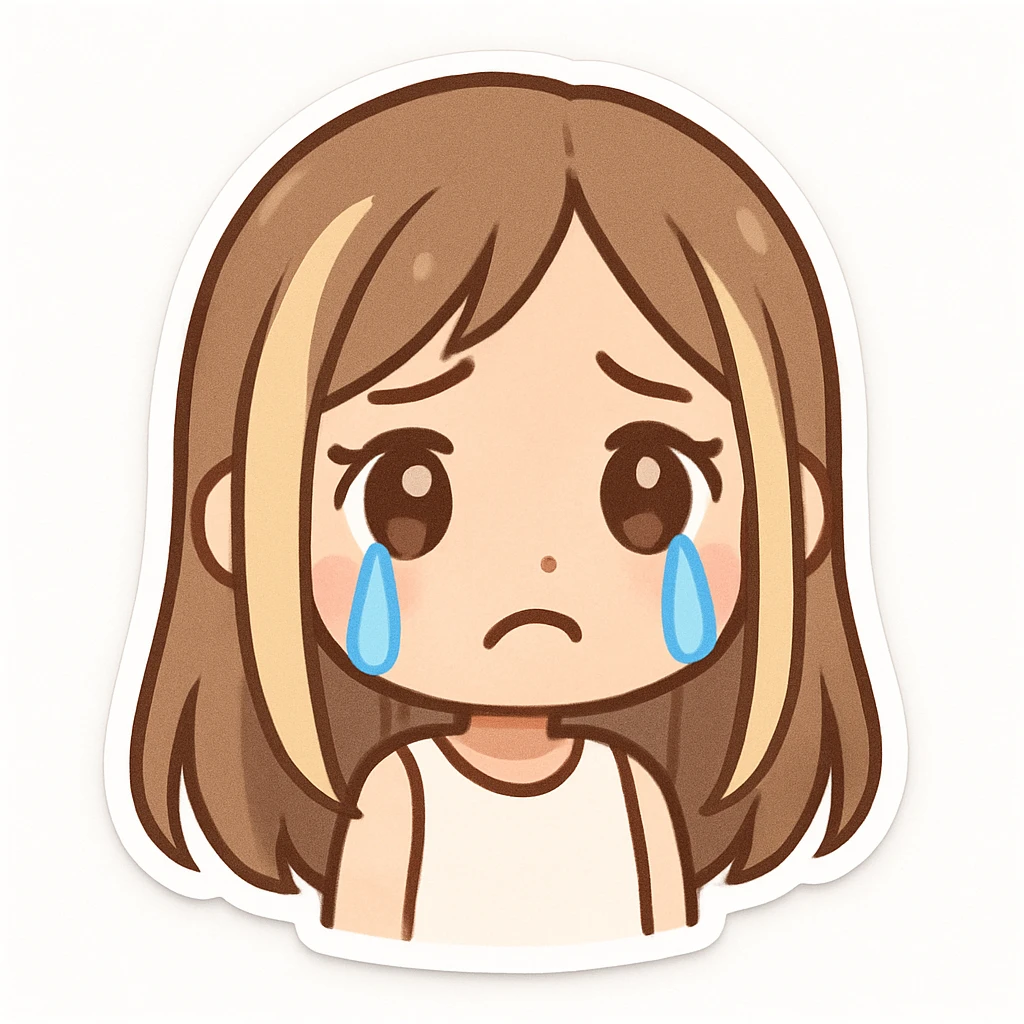 cartoon girl with long straight light brown hair and blonde face-framing highlights, fair skin, big brown eyes with a sad worried look, blue cartoon tears streaming down, frowning mouth, white sleeveless shirt, plain white background emoji
