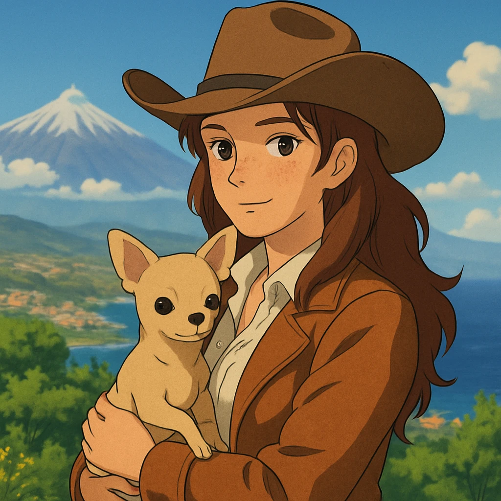portrait of a cowgirl woman wearing a cream shirt and cognac jacket, freckles, tanned skin, hazel eyes, auburn hair, holding a beige chihuahua in her arms, blurred background of Tenerife, Ghibli style emoji