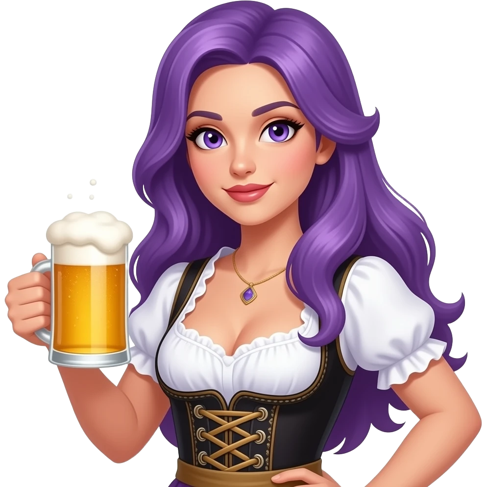 sexy girl with long purple hair and purple eyes wearing a dirndl and holds a beer emoji