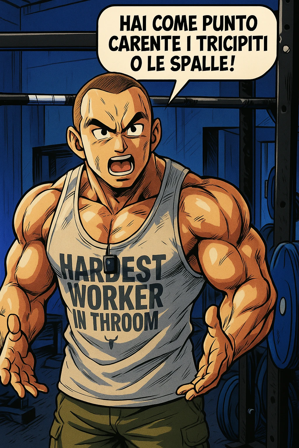 Personal trainer che dice al suo allievo, "hai come punto carente i tricipiti o le spalle!" Stile manga di Dragon Ball emoji