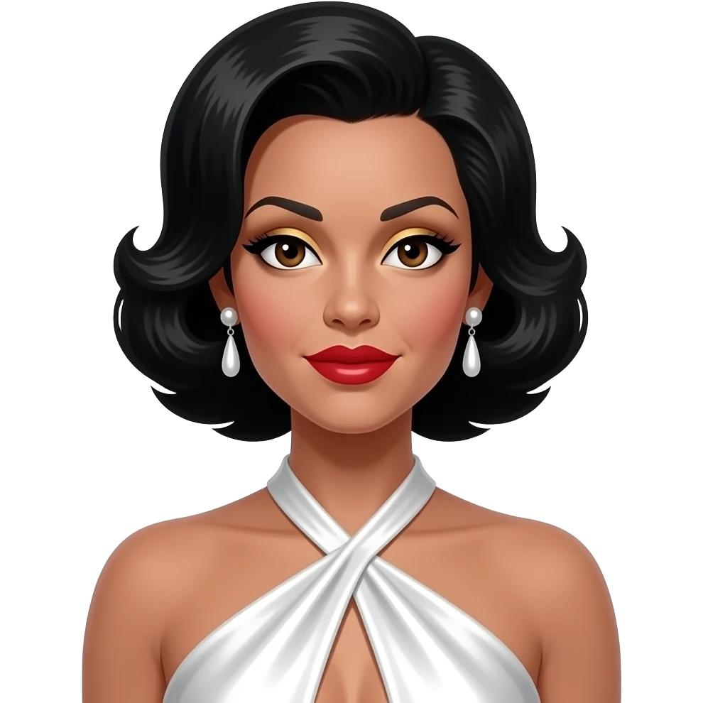Eartha Kitt with dark brown eyes, black 50s bubble bob hair, gold eyeshadow, red lipstick, white metallic halter dress, earrings emoji