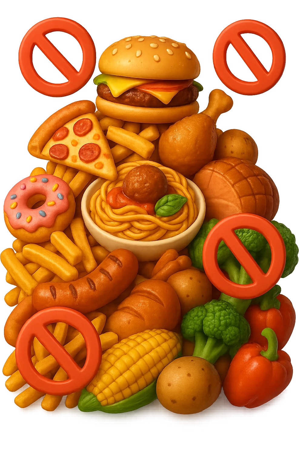EMOJI STILE IPHONE DI UNa montagna di cibo con divieti 3d sparsi, IPERREALISTICO 4K emoji