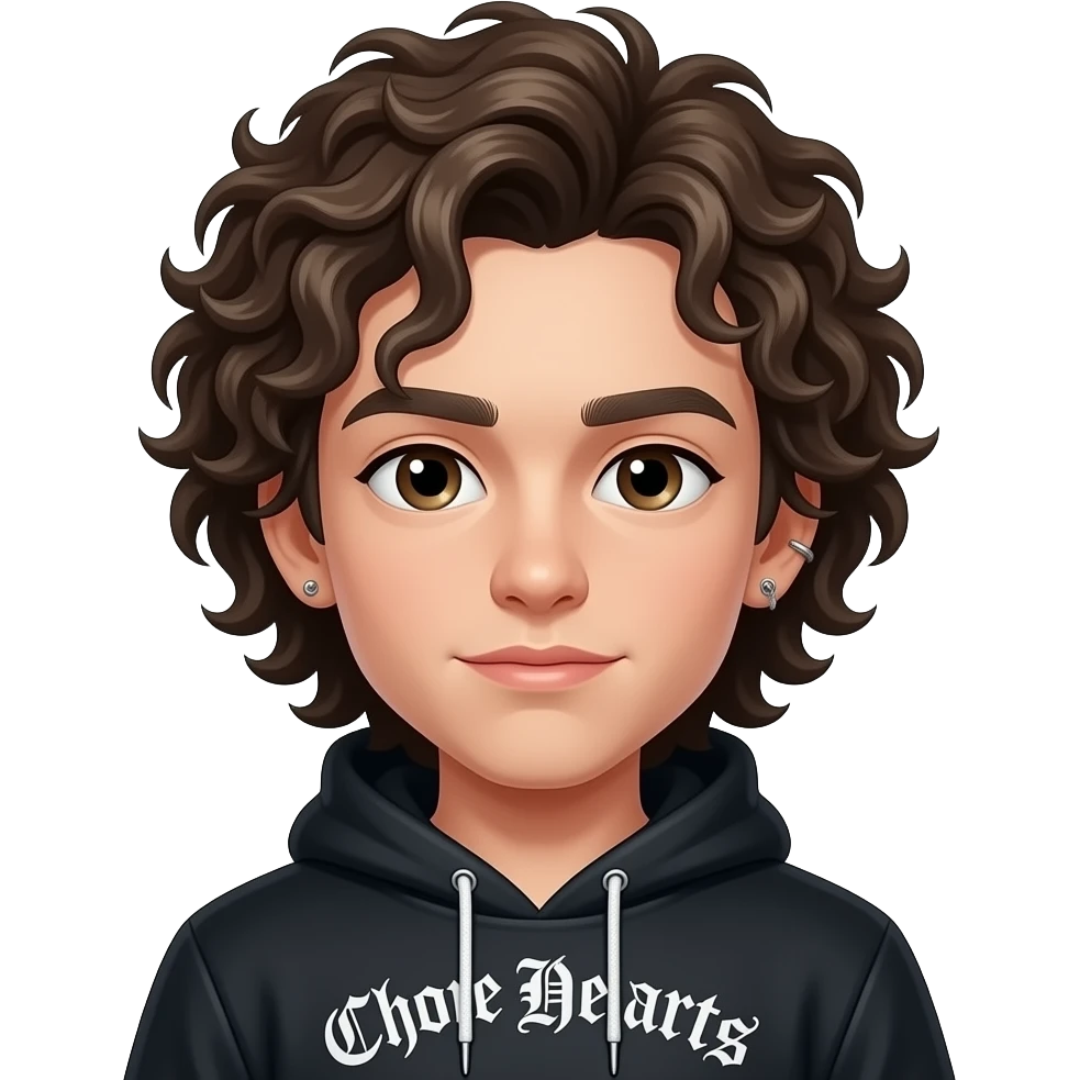 Boy with a curly longmodern mullet, a eyebrow on the right piercing ears pierced and chrome hearts hoodie emoji