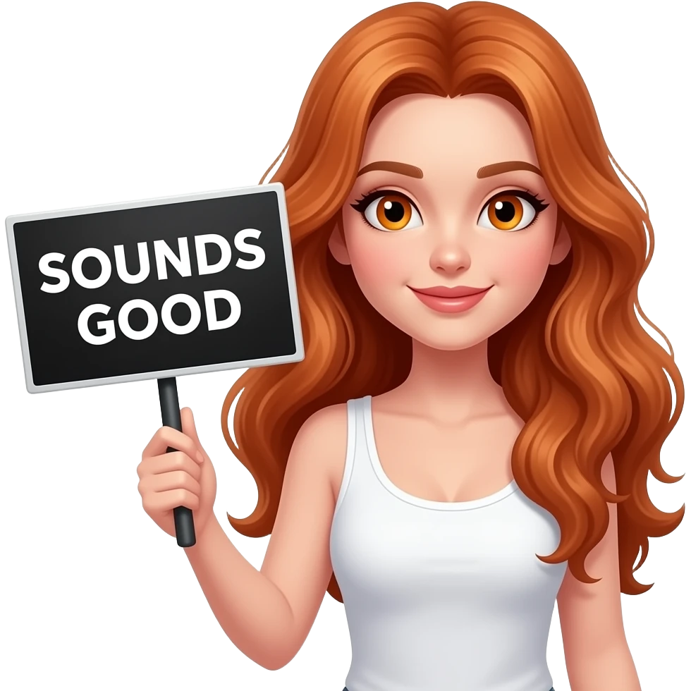 sexy girl with long wavy ginger hair and ginger eyes wearing a white tanktop is holding a black colored sign with SOUNDS GOOD written on it emoji