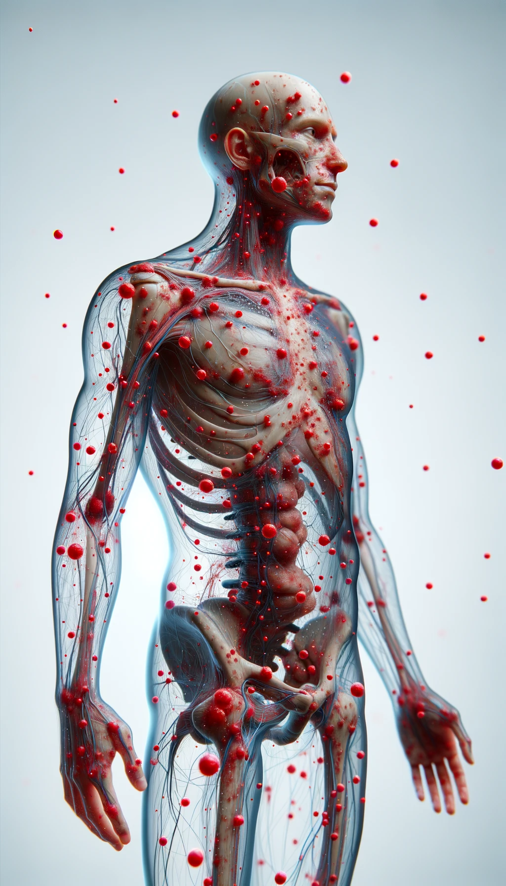 CORPO UMANO ANATOMICO CON RED SPOT DI INFIAMMAZIONE SPARSI SUL CORPO, SFONDO CHIARO, iperrealistico 4k emoji