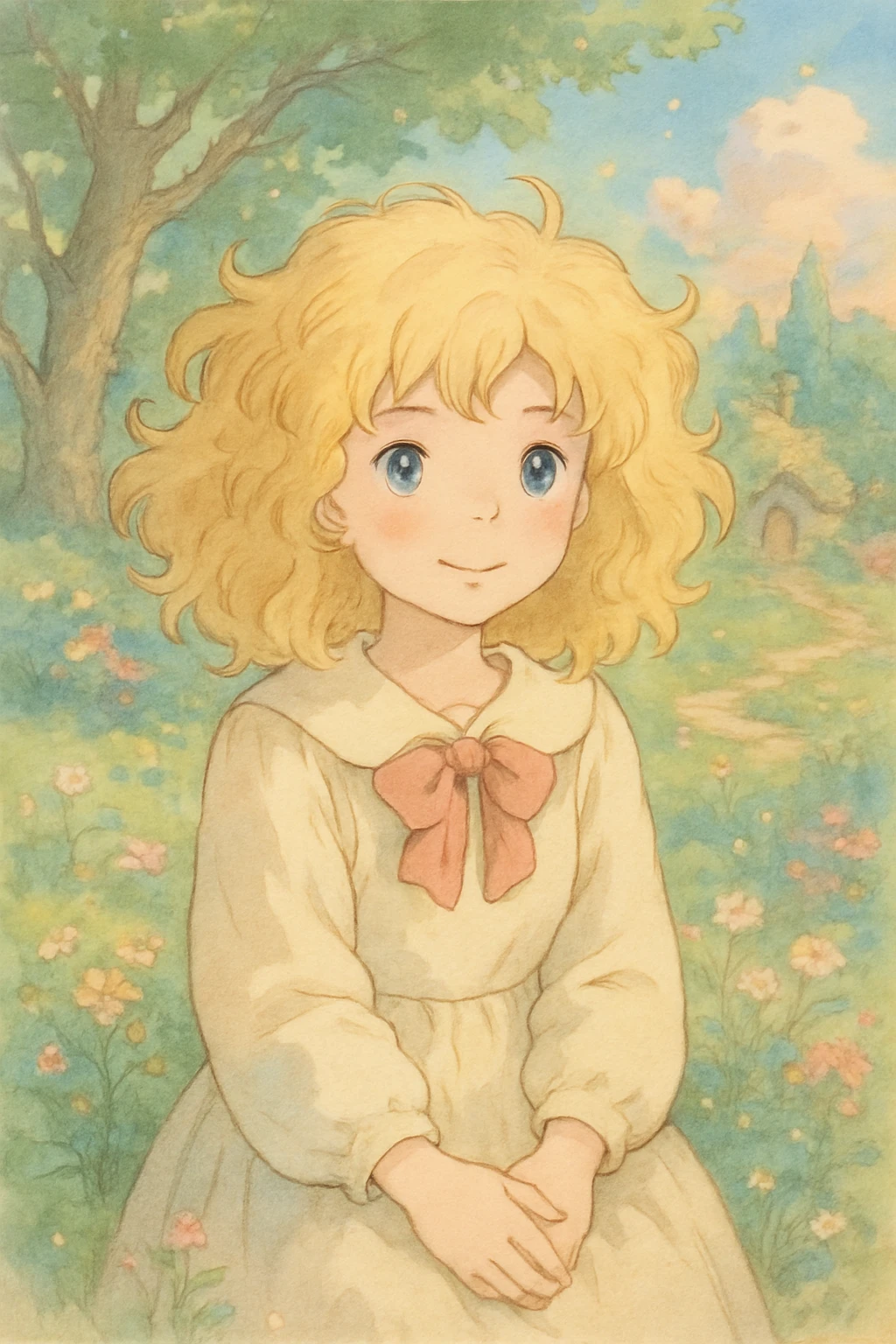 a girl with blonde curly hair, ghibli style emoji