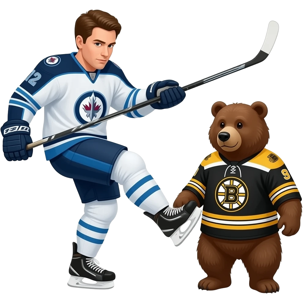 Winnipeg jets player kicking a bear wearing a Boston bruins jersey emoji