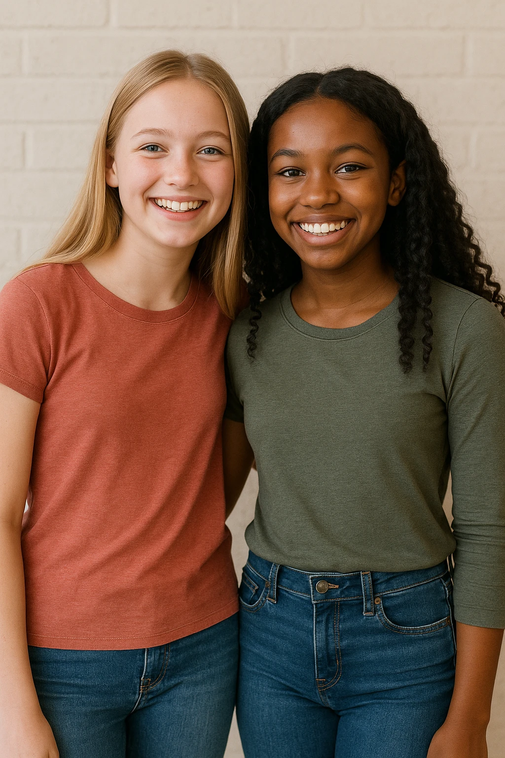 two teenage girls standing next to each other, one with light skin and blonde hair, the other with dark skin and black hair, both smiling, casual clothing, friendly atmosphere emoji