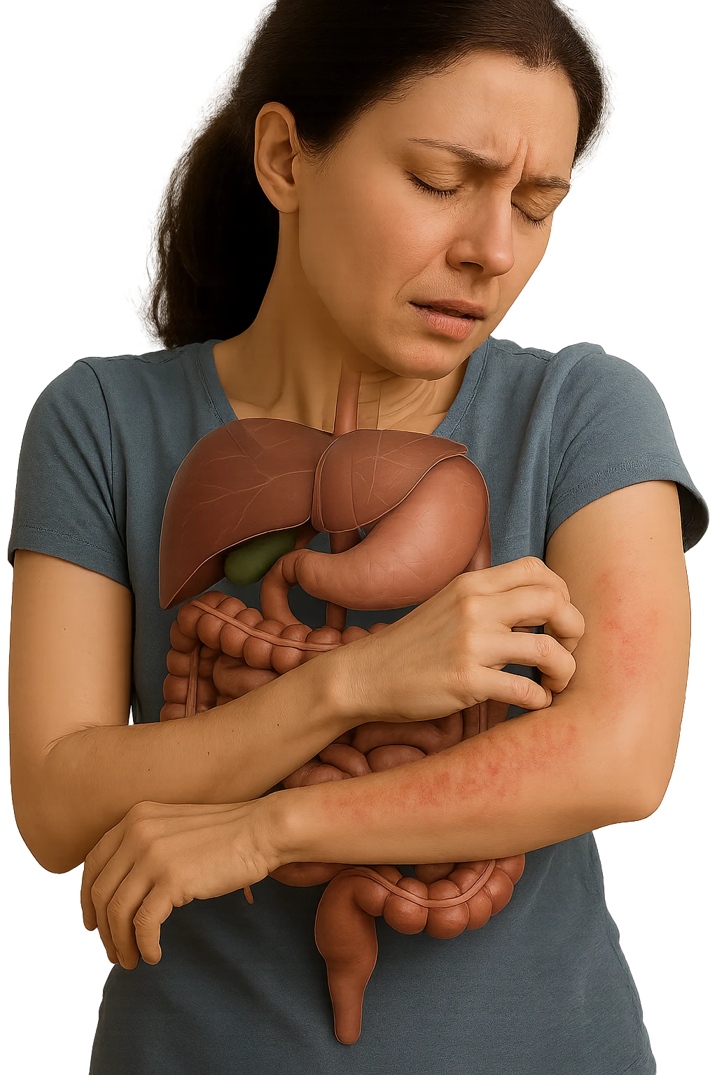 donna con intestino umano anatomico realistico che si gratta il braccio su cui ha un'eritema, iperrealistica 4k emoji