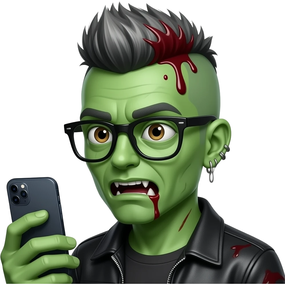 zombie emoji iphone green skin wolfcut blood on head black glasse et earrings emoji