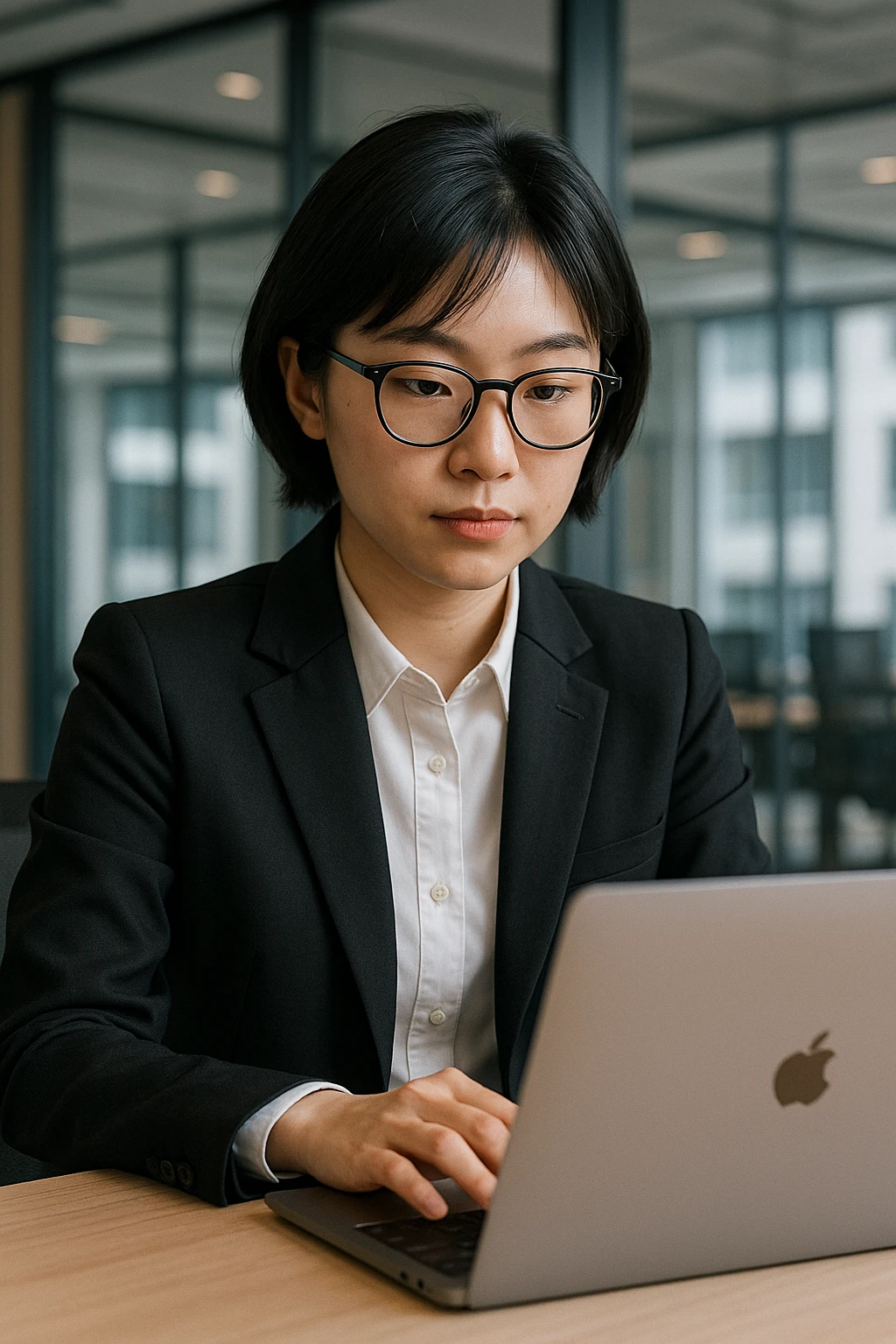 Professional Asian girl with short black hair, glasses, using a Mac laptop, in a suit emoji