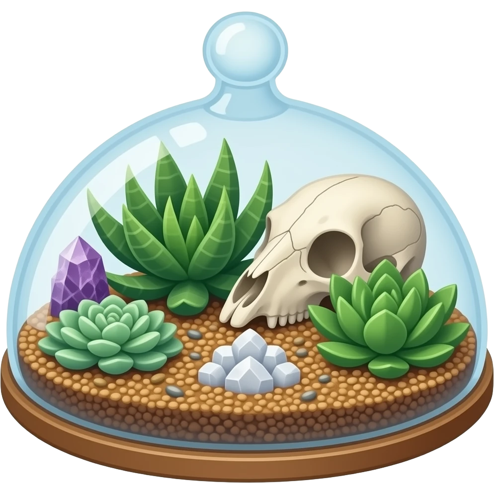 Tall succulent dome-shaped terrarium with amethyst and rose quartz and marble cluster and animal skull inside emoji