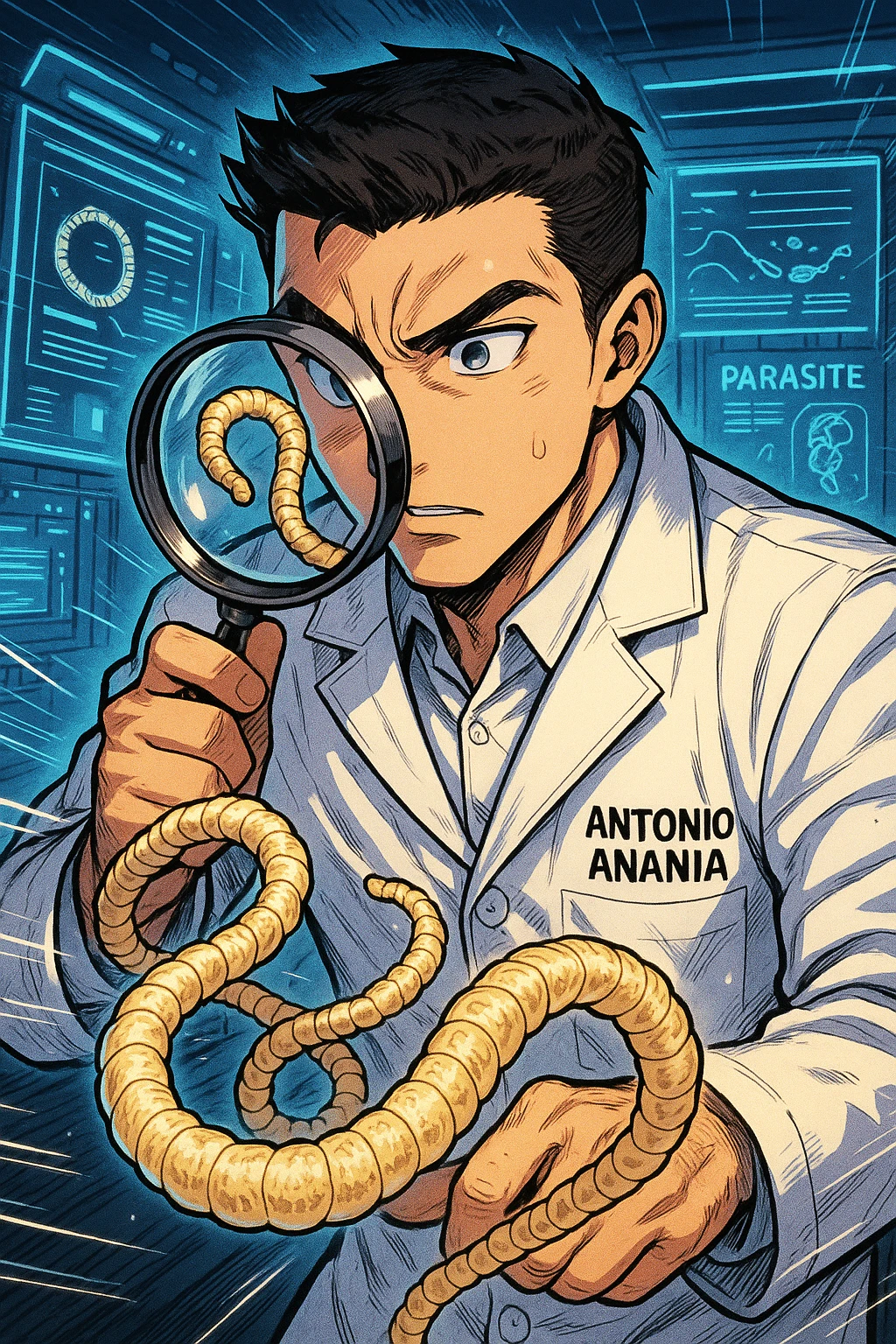 A dynamic manga/webtoon-style illustration of a young male kinesiologist wearing a clean white lab coat, analyzing light beige worms like a tapeworm under a magnifying glass. His expression is focused and slightly intrigued, with sharp, detailed eyes. The art style is vibrant, with bold linework, rich colors, and dramatic lighting. The background is a futuristic laboratory with glowing holographic screens displaying parasite data. The tapeworm is intricately drawn, slimy and segmented, with a slightly exaggerated yet realistic texture. The composition is dynamic, with motion lines or energy effects to emphasize his scientific investigation. The atmosphere is intense but not dark, keeping a balance between scientific seriousness and stylish manga aesthetics, he has "ANTONIO ANANIA" WRITTEN ON WHITE LAB COAT emoji