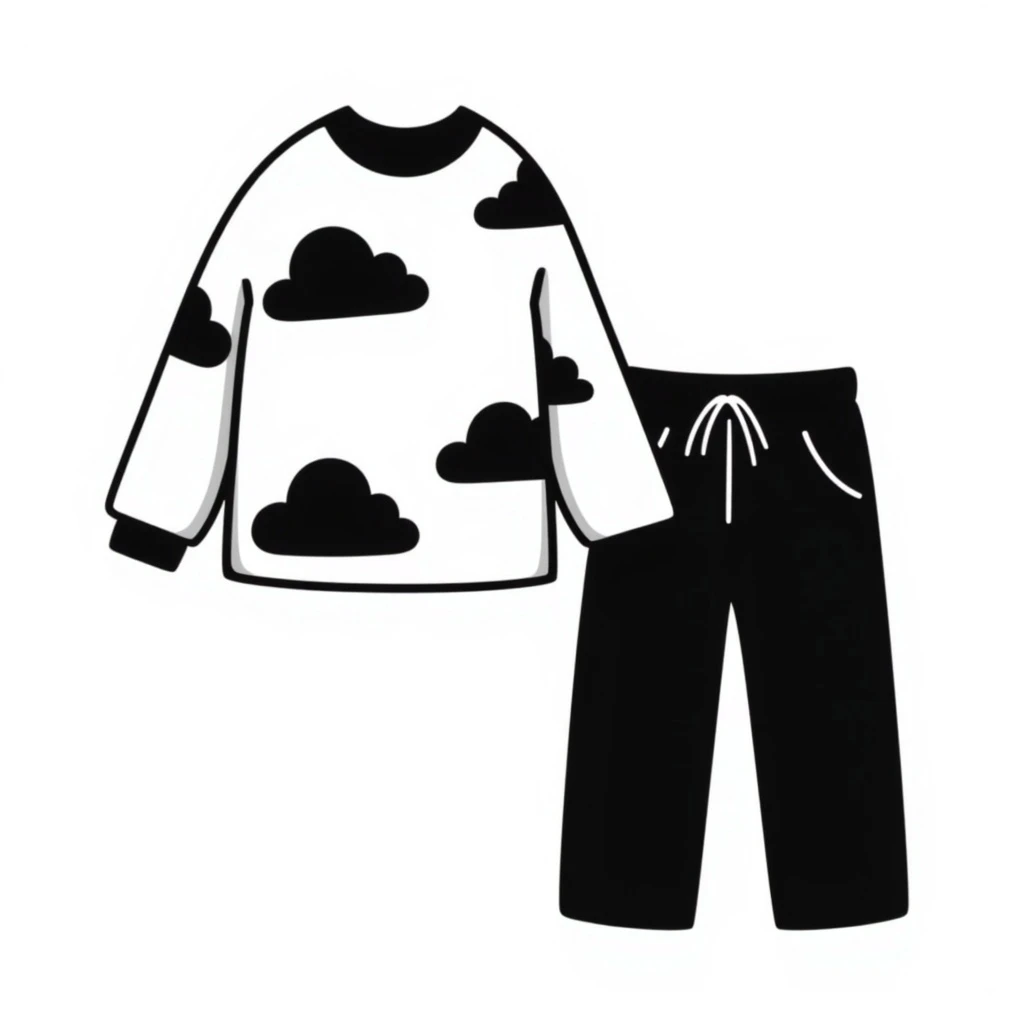 A cozy pajama set, black and white, hand drawn emoji
