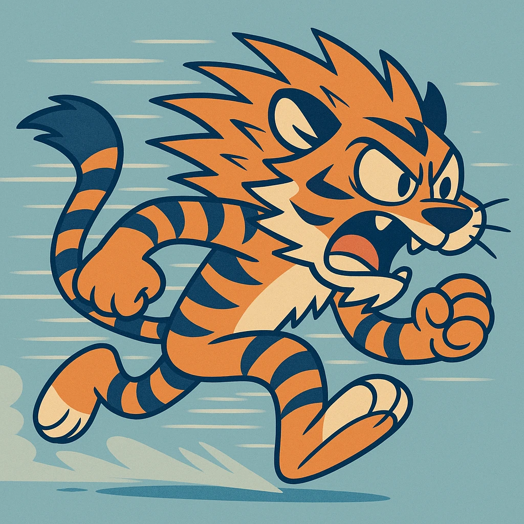 a stylized tiger running at high speed, blue and orange color palette, reminiscent of Sonic the Hedgehog, with motion blur and spiky fur, cartoon style emoji