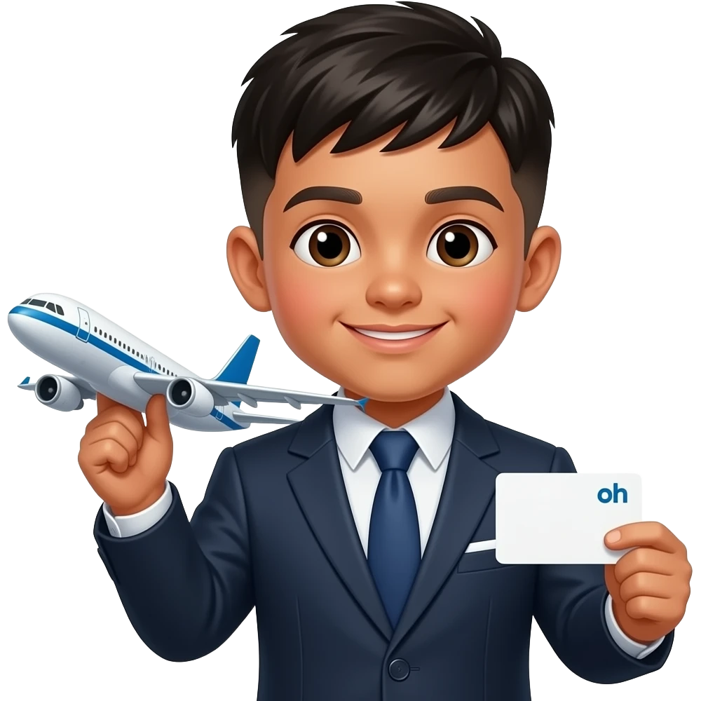 hispanic kid with a fringe bowl cut wearing a suit holding an airplane and a business card emoji