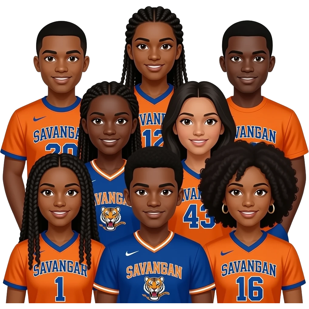 Group of hbcu brown skin 5 boys 5 girls wearing orange and blue Savannah state tigers student braids corn rolls dreads curky hair Afro emojis like 10 emoji