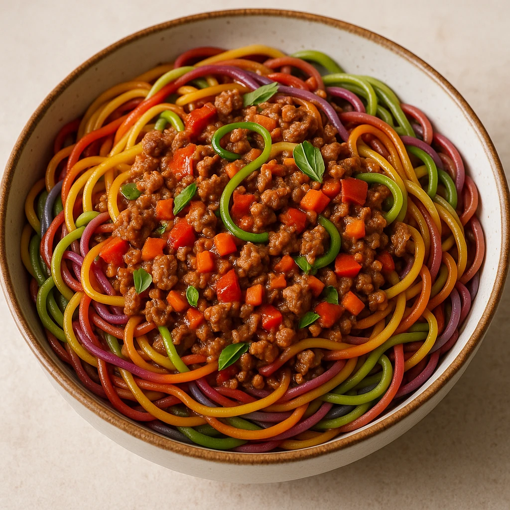 bowl of colorful spaghetti bolognese with visible diced meat, no text emoji
