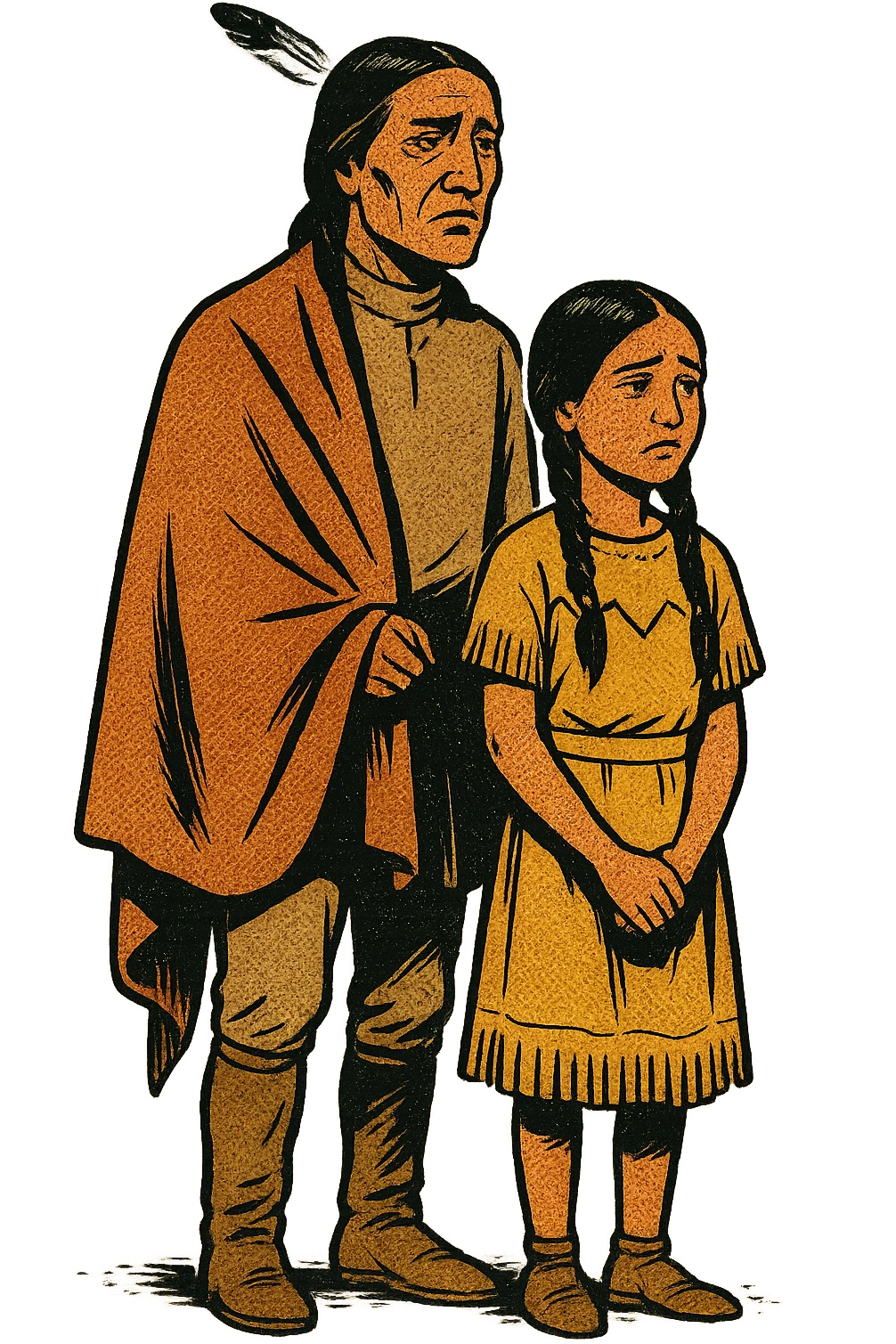 The full body of a native american father his daughter from the 1880s standing up straight with their heads held high but looking sad. bOTH ARE LOOKING IN THE SAME DIRECTION emoji