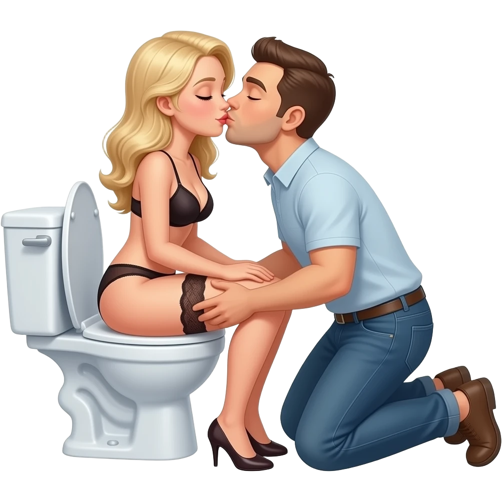 White blonde woman in lingerie sits reverse on open toilet while man knees behind her kissing her butt. Eyes closed emoji