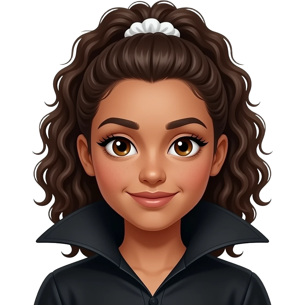 ggirl with deep but light brown hair, slightly curly, held together with a white scrunchie, dark-golden-brown skin, big brown eyes, long lashes, thick dark eyebrows, a single dimple on her left cheek, vampire shirt. emoji