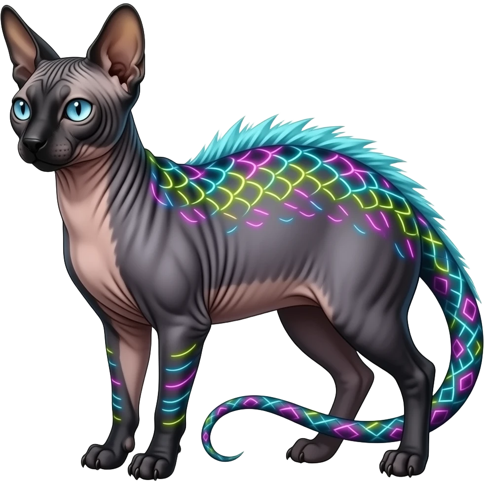 Flurry furry colorful dark edgy neon-glowing-patterns on gloomy dusky scaly sergal-serval-possum-sphynx-Koi-sergal-fusion-animal-hybrid-creature with a snake-tail emoji