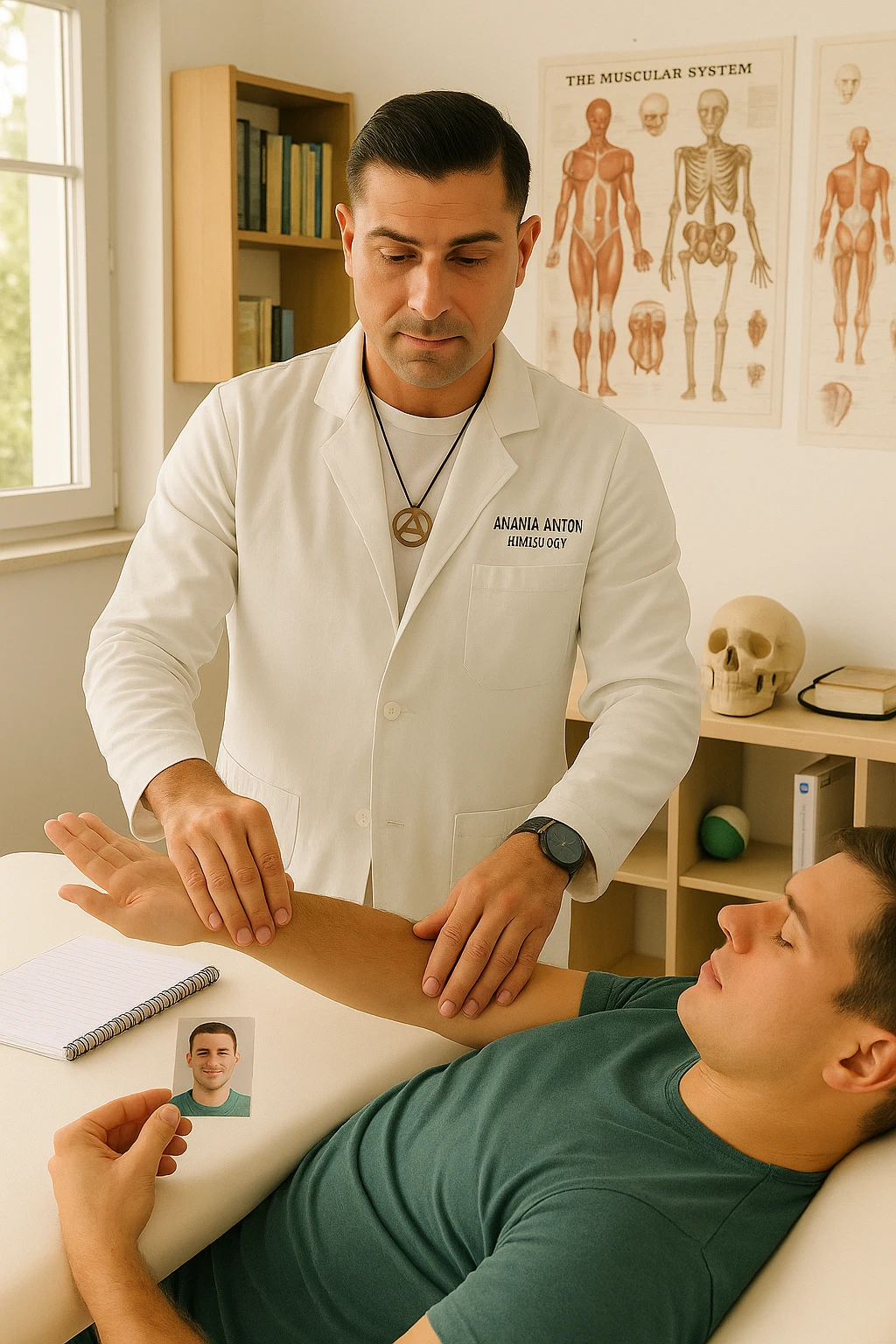 a middle-aged man, dressed in casual professional attire, is in a bright, organized therapy studio. Durante una visita di kinesiologia, il praticante tiene con una mano la foto di una persona lontana (il “testimone”) appoggiata su un tavolo, mentre con l’altra mano esegue un test muscolare su un cliente presente. Sullo sfondo si vedono libri di kinesiologia, poster anatomici e strumenti tipici della disciplina. L’atmosfera è concentrata e serena, con luce naturale che entra dalla finestra, sottolineando l’aspetto alternativo e umano della pratica. emoji
