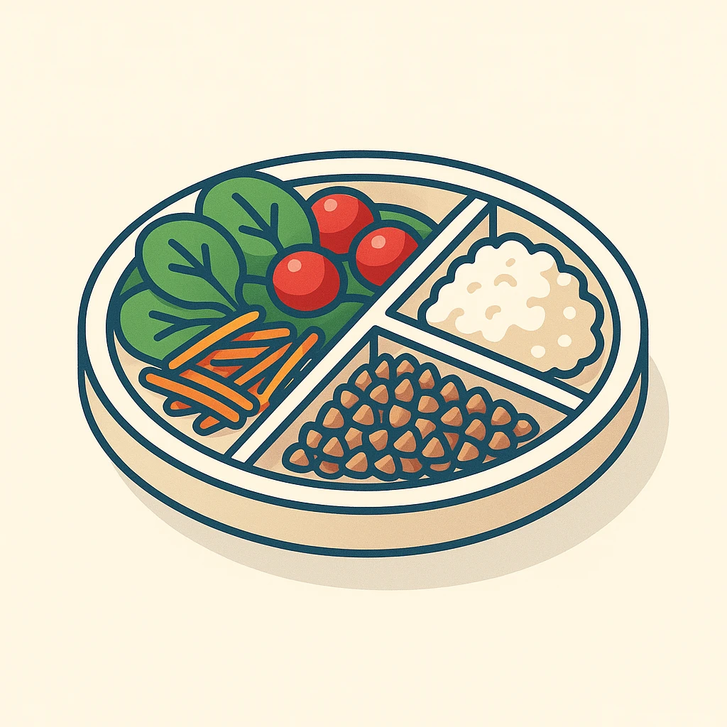 Harvard plate, half with spinach, cherry tomatoes, and shredded carrots, one quarter with cottage cheese protein, one quarter with buckwheat complex carbs, 2D isometric illustration style emoji
