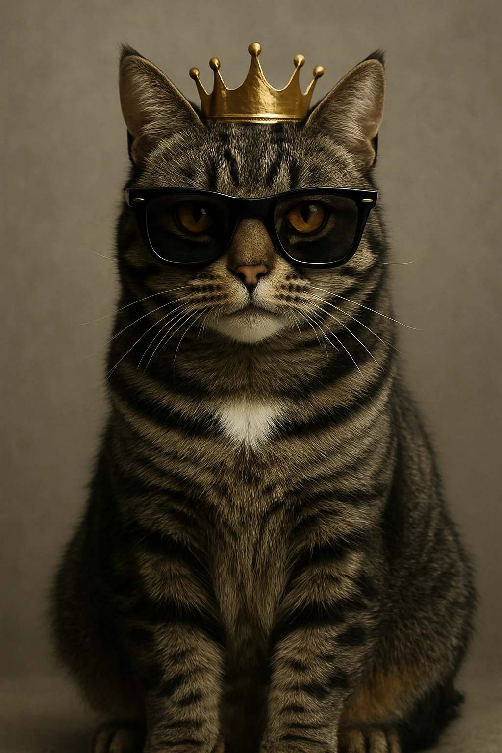 lifelike, photo-realistic Mackerel tabby cat with dark grey fur, black stripes, amber eyes, and a white patch on its chest. The cat is sitting, facing slightly forward, wearing a small golden crown and black sunglasses. Highly detailed and realistic. emoji