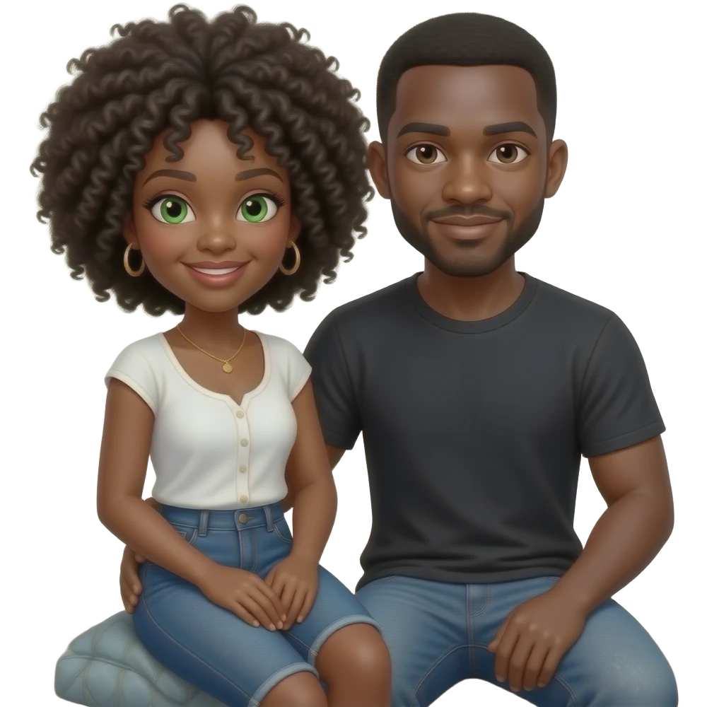 Black woman with green eyes and afro sitting on black man’s lap emoji
