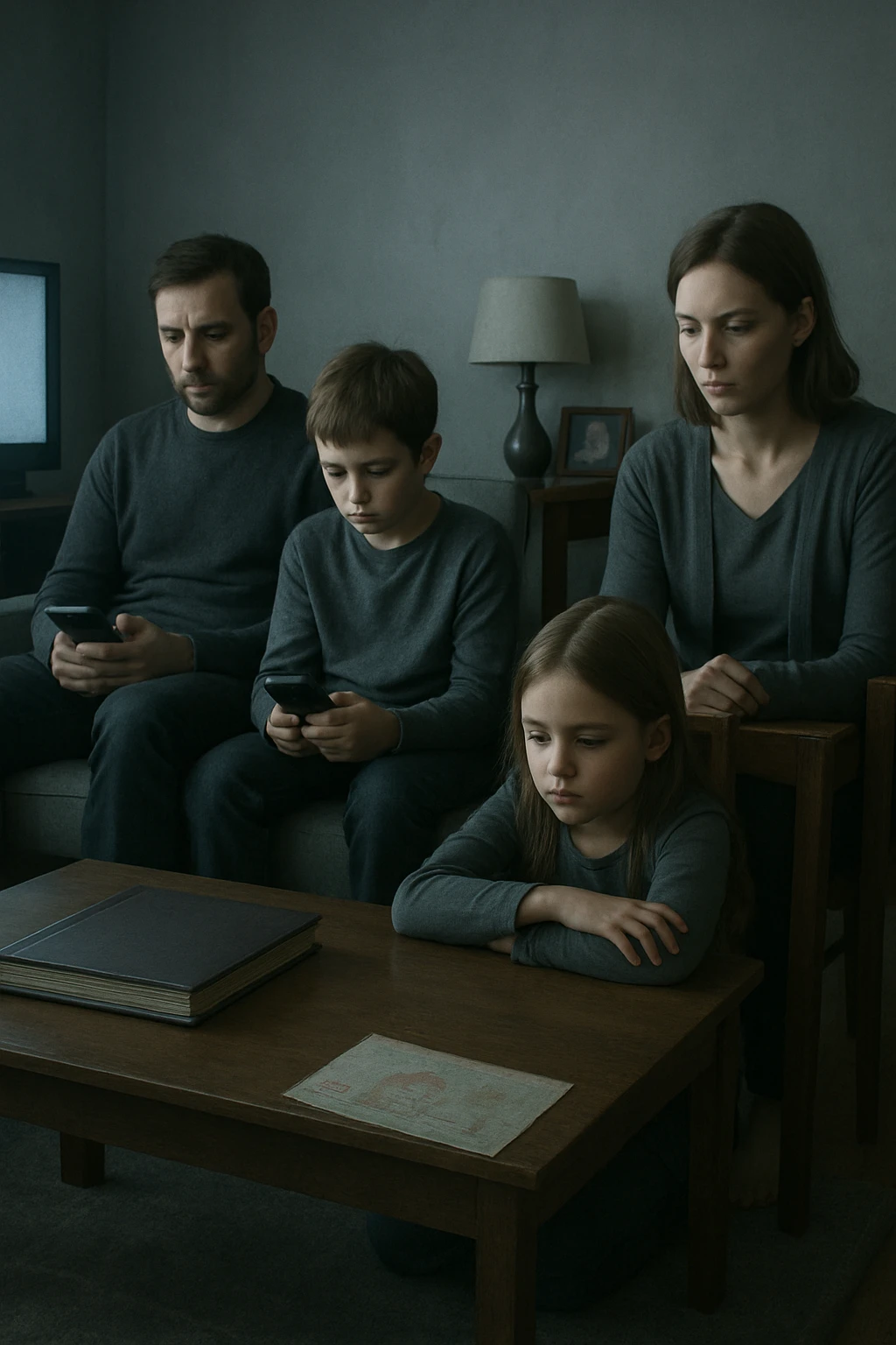 Famiglia composta da padre, madre e uno o due figli seduti nello stesso ambiente domestico (salotto o tavola da pranzo), ma ciascuno è assorto nei propri pensieri, con espressioni spente e distaccate. Nessuno si guarda o sorride. I colori dell’ambiente sono freddi e grigi, la luce è debole. Intorno a loro, simboli di disconnessione: telefoni in mano, TV accesa ma ignorata, silenzio. L’atmosfera è visivamente carente di calore emotivo. Nessun contatto fisico, postura rigida. Un dettaglio visivo come un album di foto chiuso sul tavolo o un disegno dei figli dimenticato sul pavimento accentua la mancanza di dolcezza e unione emoji