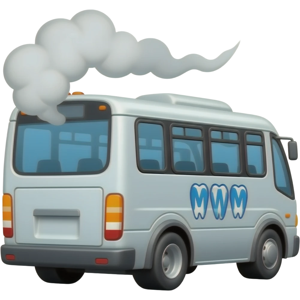 It's a Dental bus with smoke coming out of the back and it has a logo on the side that says MMM emoji