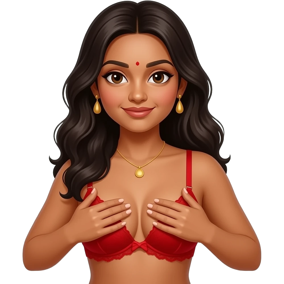 Topless Indian women in red lingerie holding her breasts emoji