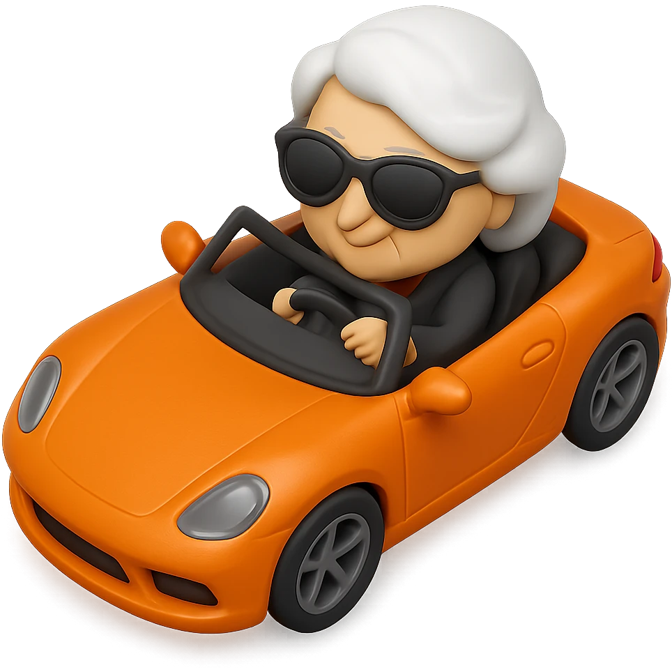 Show the old lady with white hair in the orange sports car from a top-down angle, in 3D emoji style, realistic, wearing sunglasses, no background. The style should resemble Microsoft style 3D fluent emojis with realistic details and no background. emoji